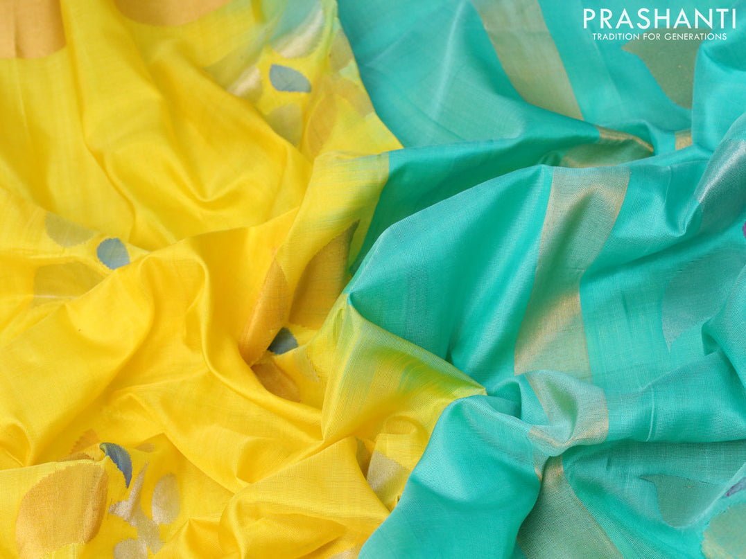 Pure uppada silk saree yellow and teal green with zari woven jamdhani buttas and zari woven border