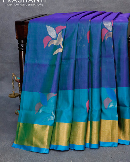 Pure uppada silk saree dual shade of bluish green and teal blue with zari woven jamdhani buttas and zari woven border
