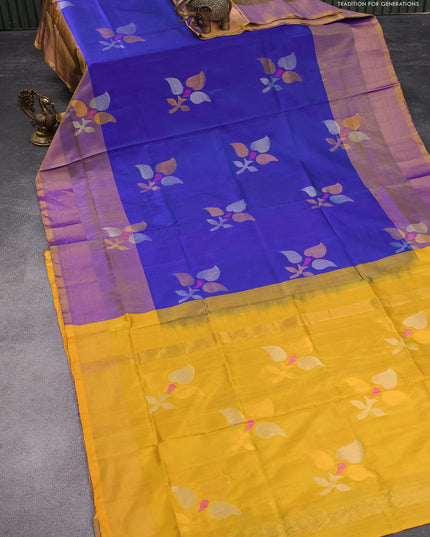 Pure uppada silk saree dual shade of blue and yellow with zari woven jamdhani buttas and zari woven border
