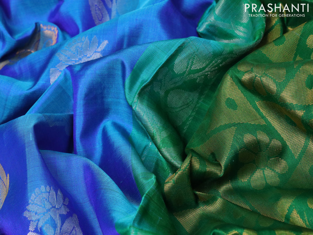 Pure uppada silk saree dual shade of blue and green with silver & gold zari woven buttas and zari woven border