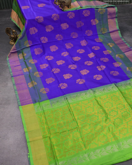 Pure uppada silk saree royal blue and parrot green with zari woven buttas and zari woven border