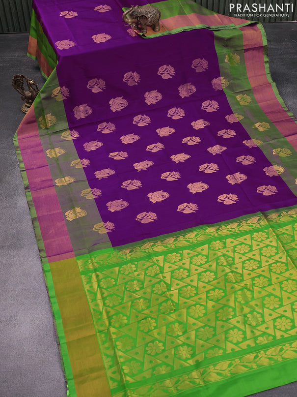 Pure uppada silk saree purple and parrot green with zari woven buttas and zari woven border
