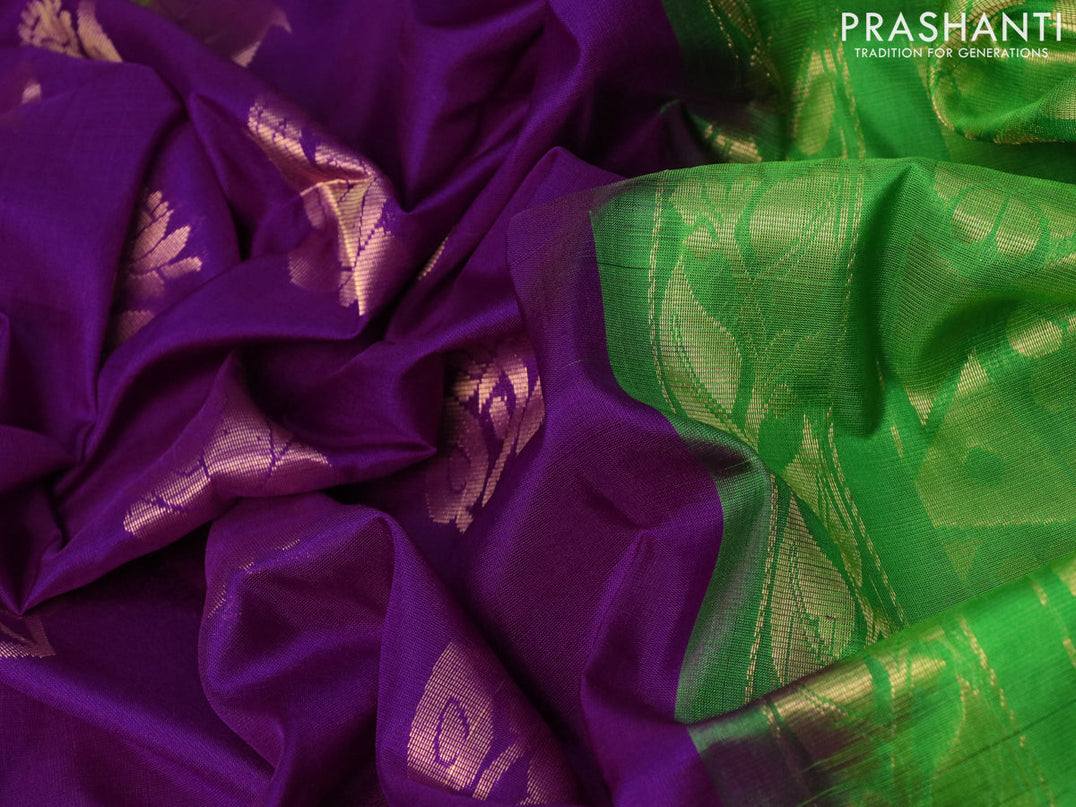 Pure uppada silk saree purple and parrot green with zari woven buttas and zari woven border