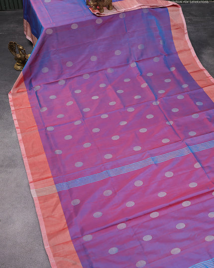 Pure uppada silk saree dual shade of bluish red with silver zari woven coin buttas and silver zari woven border