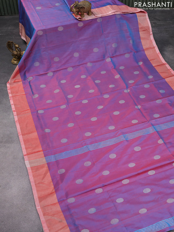 Pure uppada silk saree dual shade of bluish red with silver zari woven coin buttas and silver zari woven border
