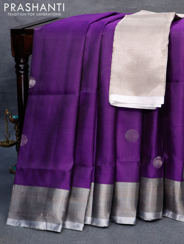 Pure uppada silk saree deep violet with silver zari woven coin buttas and silver zari woven border