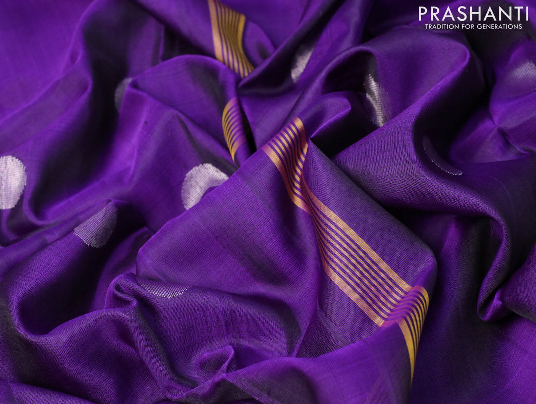 Pure uppada silk saree deep violet with silver zari woven coin buttas and silver zari woven border