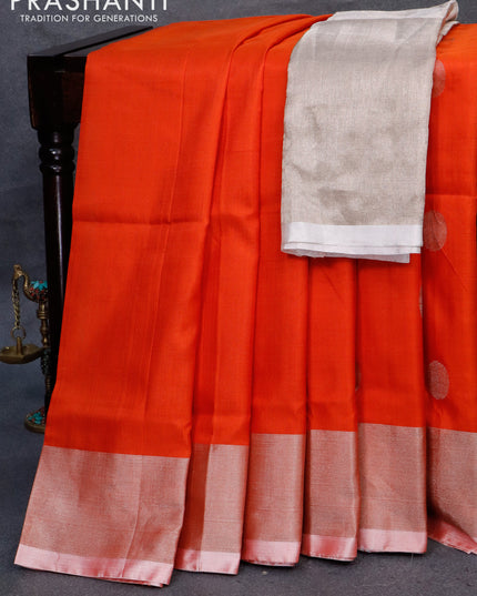Pure uppada silk saree orange with silver zari woven coin buttas and silver zari woven border