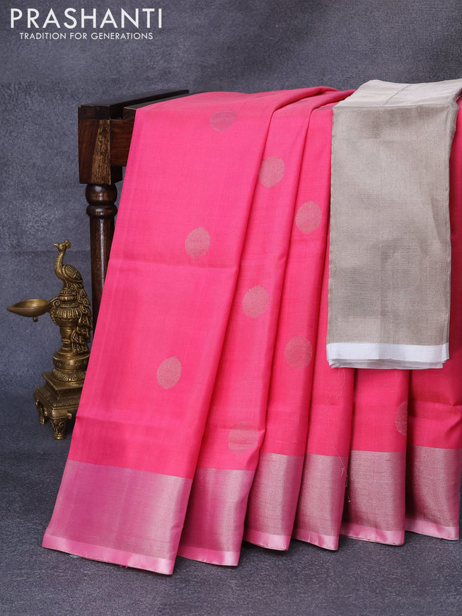 Pure uppada silk saree light pink with silver zari woven coin buttas and silver zari woven border