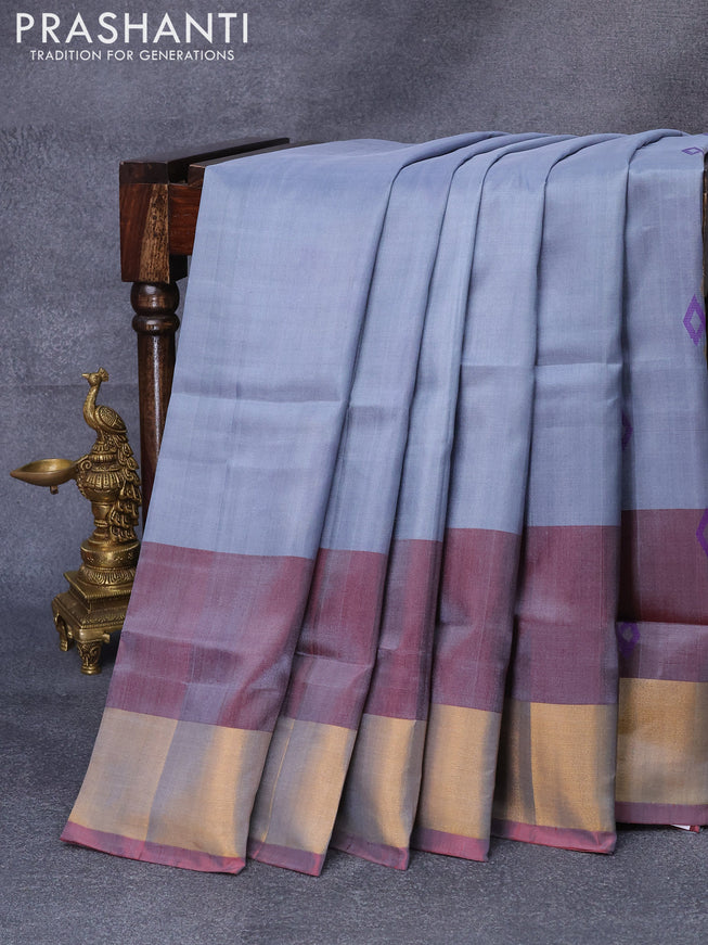 Pure uppada silk saree grey shade and maroon with thread & zari woven geometric buttas and zari woven border