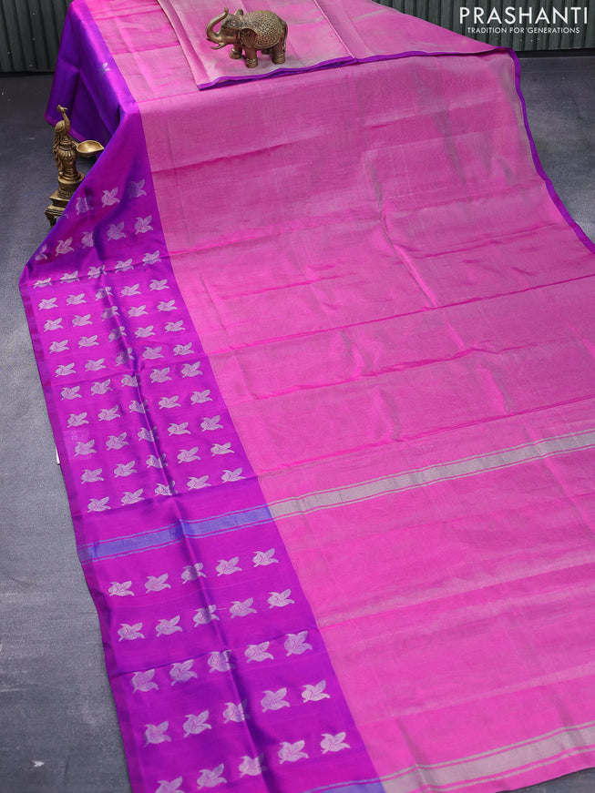 Pure uppada tissue silk saree pink and purple with plain body and silver zari woven butta border