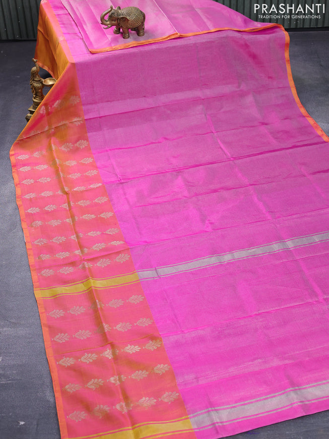 Pure uppada tissue silk saree pink and dual shade of mustard yellow with plain body and silver zari woven butta border