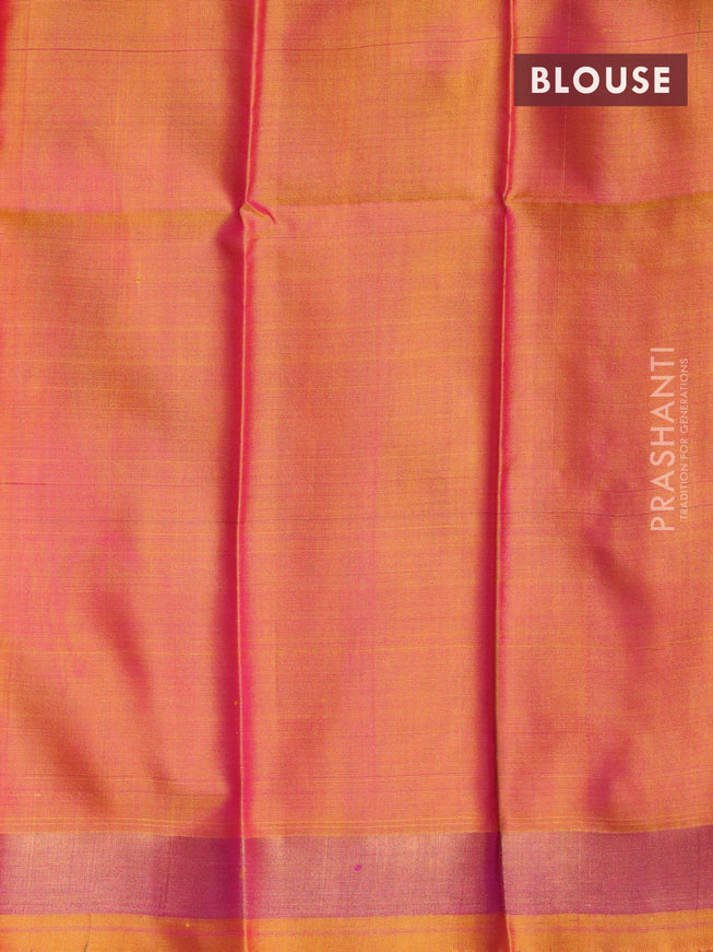 Pure uppada tissue silk saree pink and dual shade of mustard yellow with plain body and silver zari woven butta border
