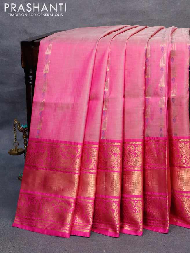 Pure uppada silk saree pink shade with allover thread & zari woven buttas and long peacock design zari woven border