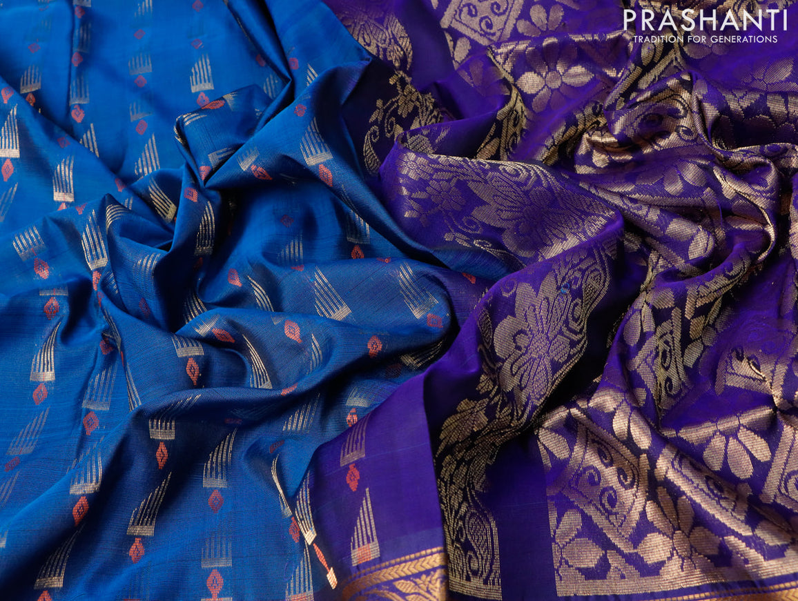Pure uppada silk saree peacock blue and navy blue with allover thread & zari woven buttas and long peacock design zari woven border