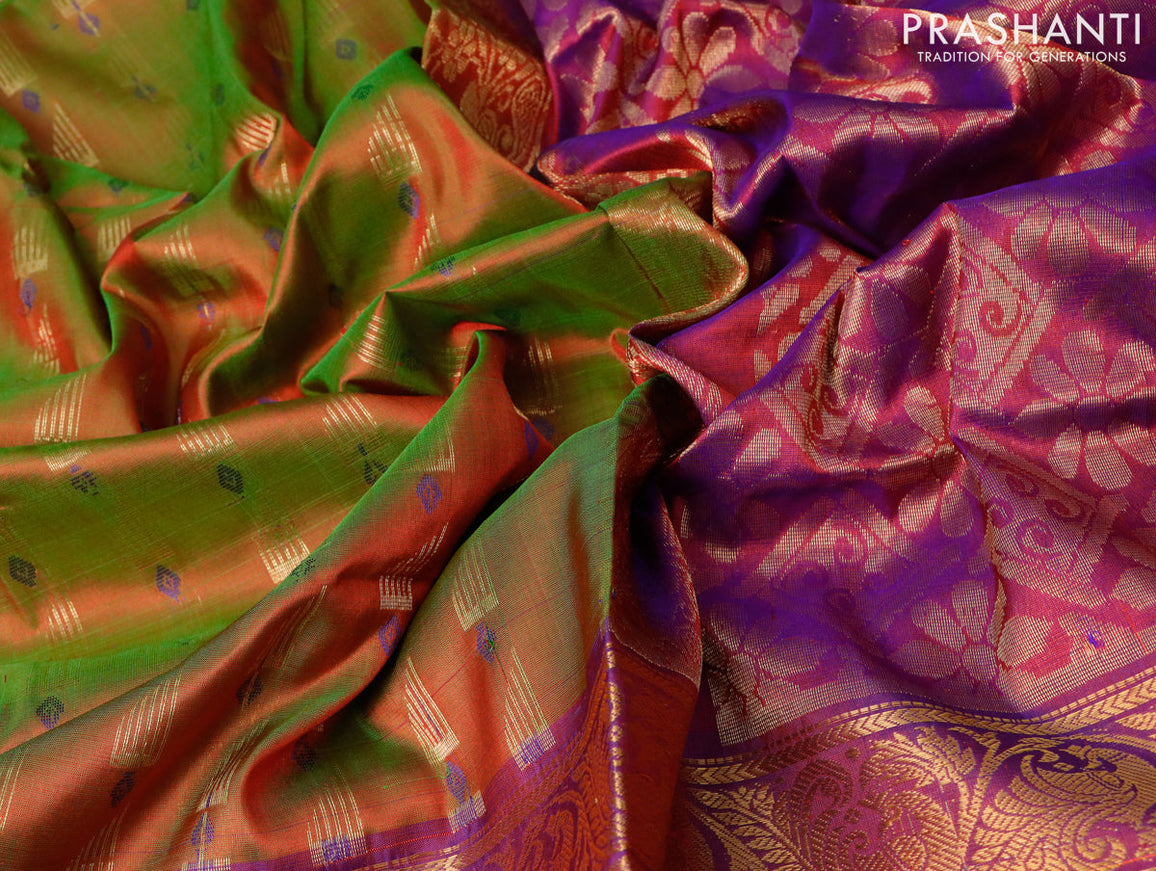 Pure uppada silk saree dual shade of greenish maroon and dual shade of magenta pink with allover thread & zari woven buttas and long peacock design zari woven border