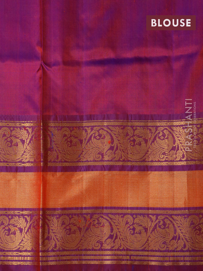 Pure uppada silk saree dual shade of greenish maroon and dual shade of magenta pink with allover thread & zari woven buttas and long peacock design zari woven border
