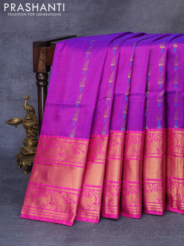 Pure uppada silk saree purple and pink with allover thread & zari woven buttas and long peacock design zari woven border