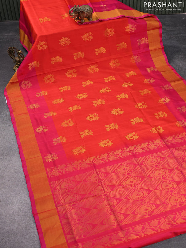 Pure uppada silk saree orange and dual shade of pinkish orange with zari woven buttas and zari woven border