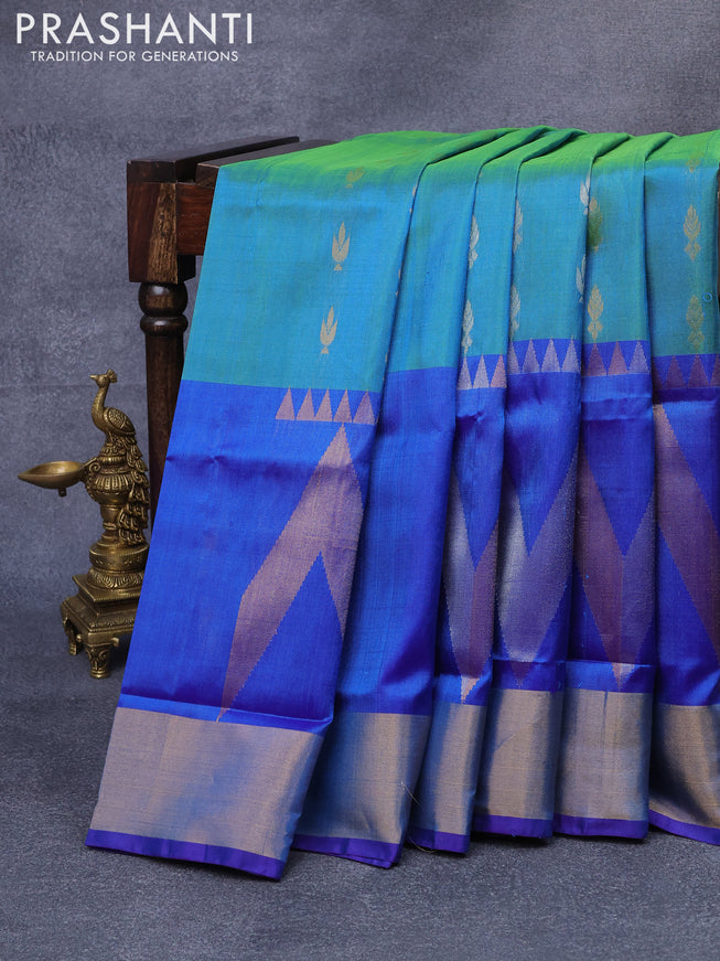 Pure uppada silk saree dual shade of rustic blue and blue with silver & gold zari woven buttas and long rich zari woven border