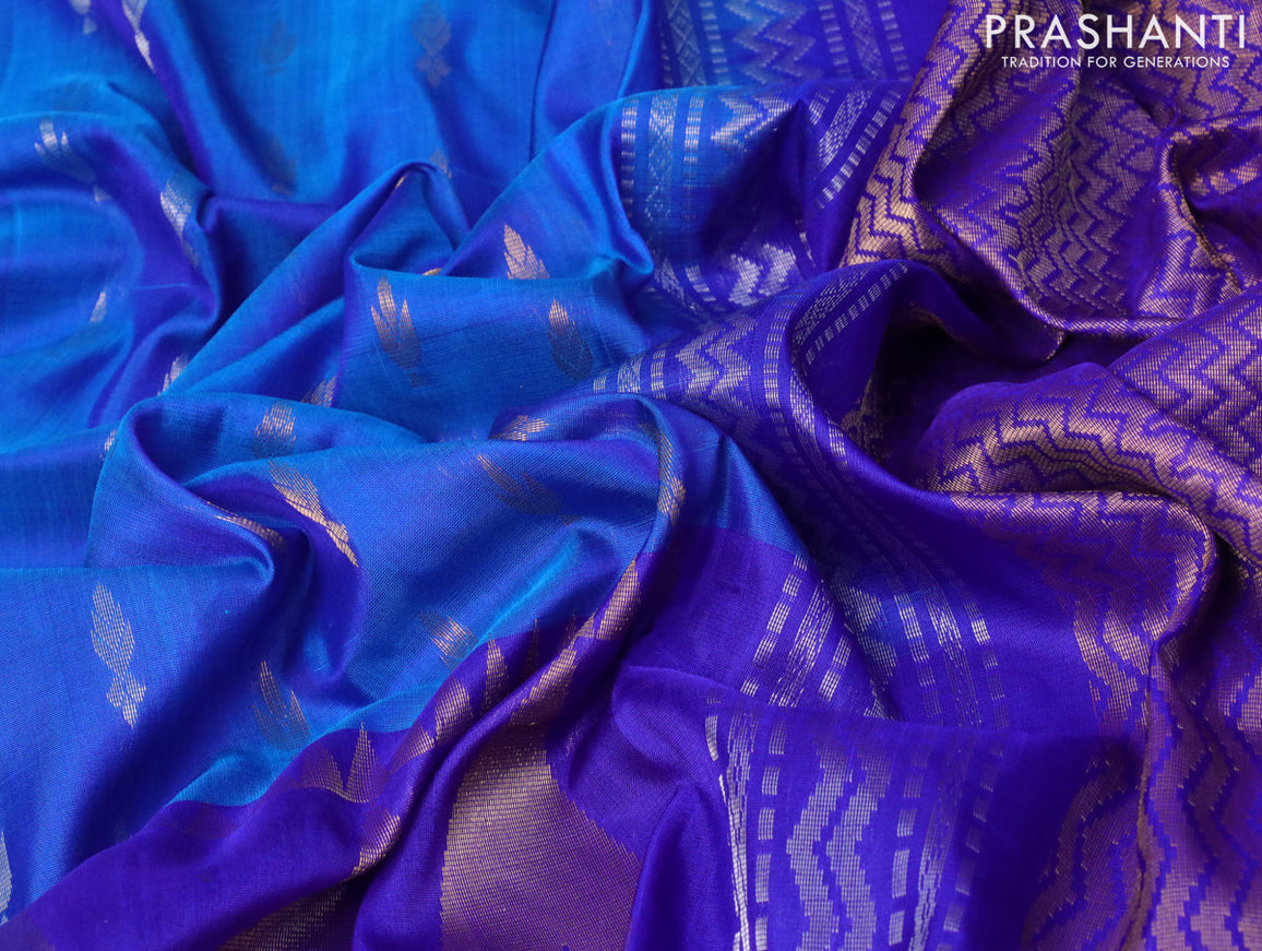 Pure uppada silk saree cs blue and blue with silver & gold zari woven buttas and long rich zari woven border