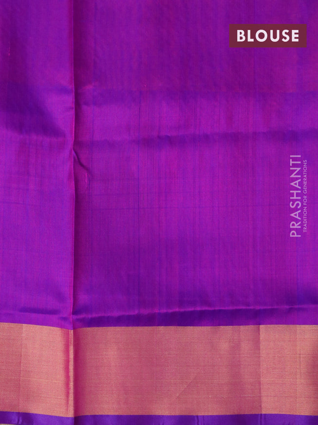 Pure uppada silk saree dual shade of pinkish orange and purple with silver & gold zari woven buttas and long rich zari woven border