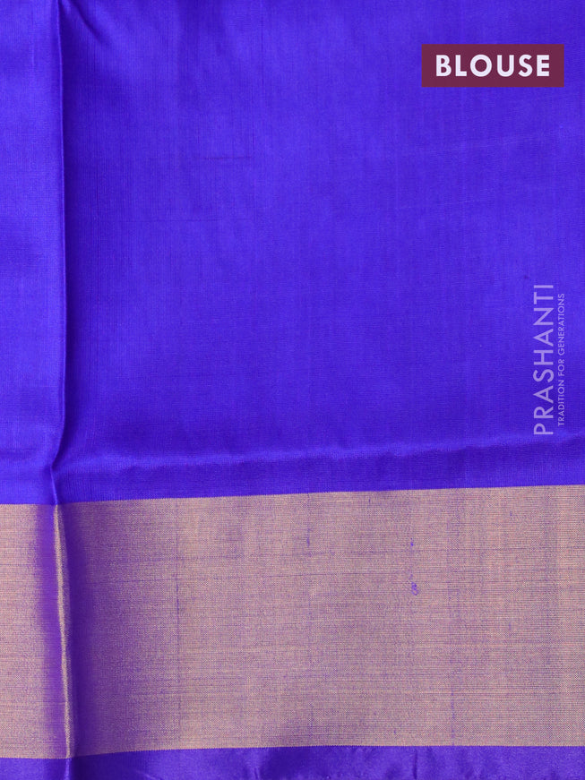 Pure uppada silk saree dual shade of bluish green and blue with silver & gold zari woven buttas and long rich zari woven border