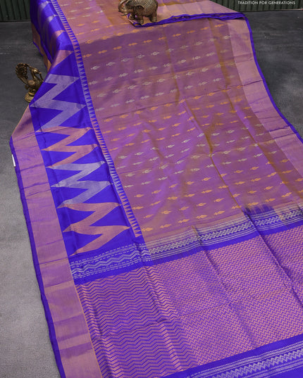 Pure uppada silk saree dual shade of bluish yellow and blue with silver & gold zari woven buttas and long rich zari woven border