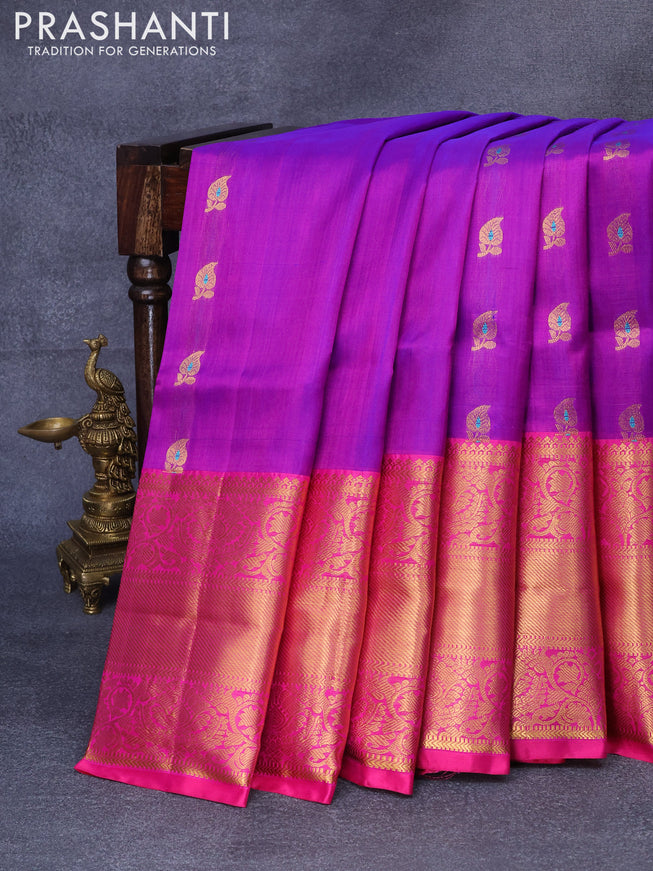 Pure uppada silk saree purple and pink with silver & gold zari woven buttas and long rich zari woven border