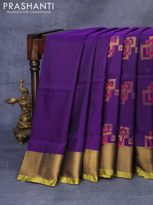 Pure uppada silk saree deep violet and mustard yellow with thread & zari woven buttas and zari woven border