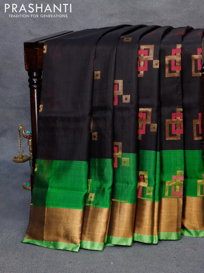 Pure uppada silk saree black and green with thread & zari woven buttas and zari woven border