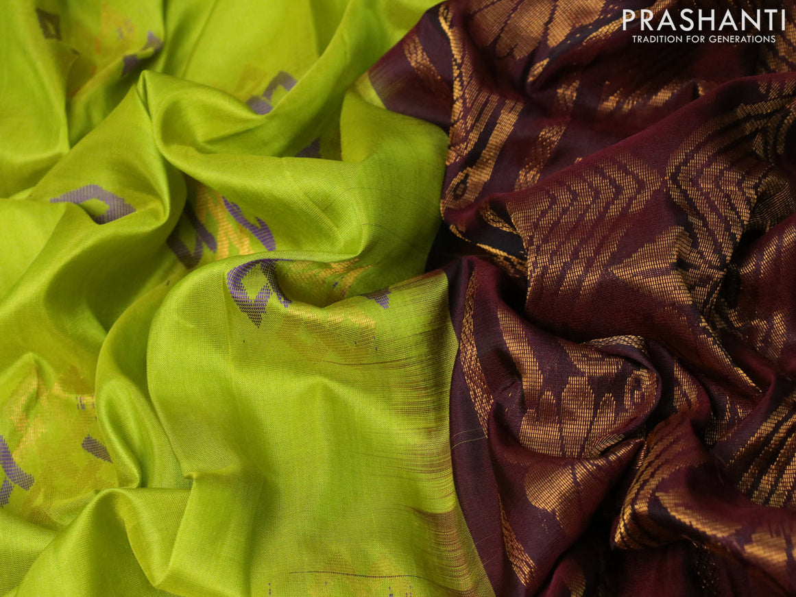 Pure uppada silk saree lime green and deep maroon with thread & zari woven buttas and zari woven border