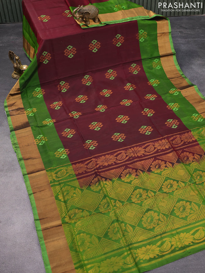 Pure uppada silk saree deep maroon and green with thread & zari woven buttas and zari woven border