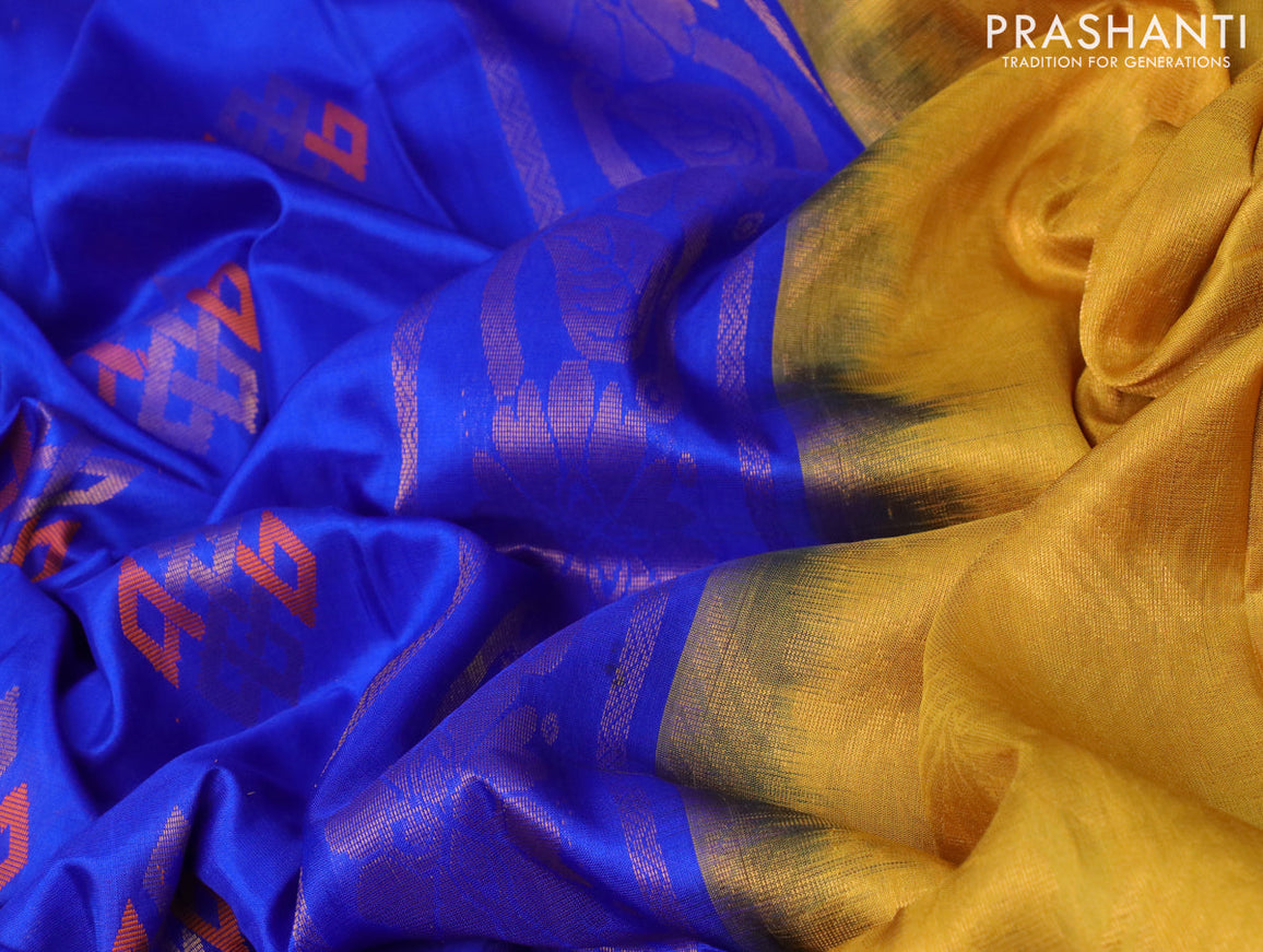 Pure uppada silk saree royal blue and mustard yellow with thread & zari woven buttas and zari woven border