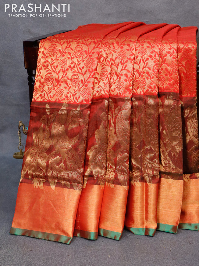Pure uppada silk saree red and green with allover floral zari woven brocade weaves and long peacock design zari woven border