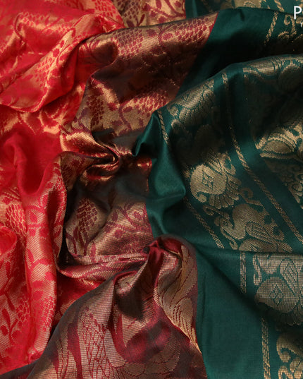 Pure uppada silk saree red and green with allover floral zari woven brocade weaves and long peacock design zari woven border
