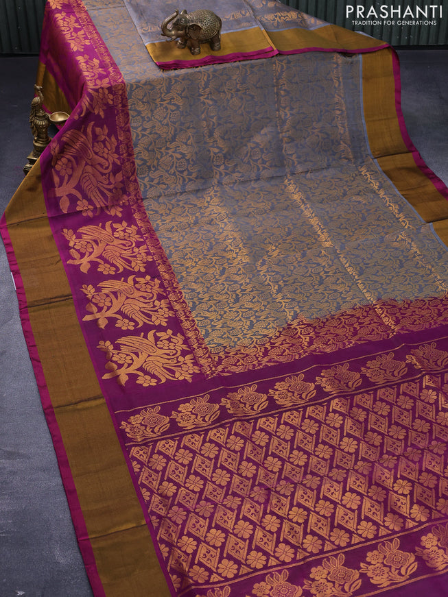 Pure uppada silk saree grey and dark magenta pink with allover peacock zari woven brocade weaves and long floral design zari woven border