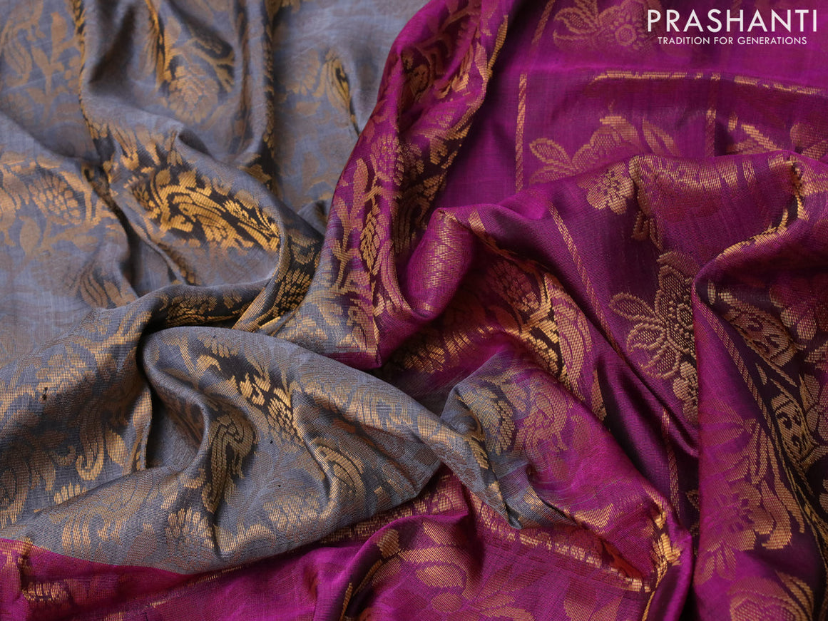 Pure uppada silk saree grey and dark magenta pink with allover peacock zari woven brocade weaves and long floral design zari woven border