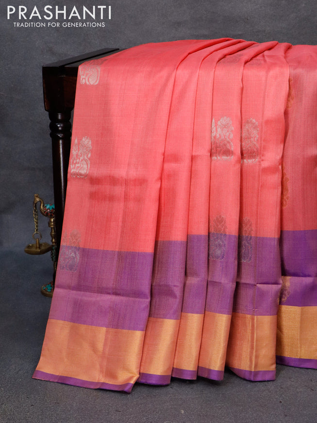 Pure uppada silk saree peach pink and roual blue with silver & gold zari woven buttas and zari woven border