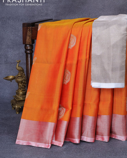 Pure uppada silk saree dual shade of sunset orange with silver zari woven buttas and silver zari woven border