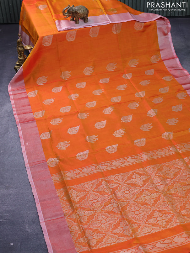 Pure uppada silk saree dual shade of sunset orange with silver zari woven buttas and silver zari woven border