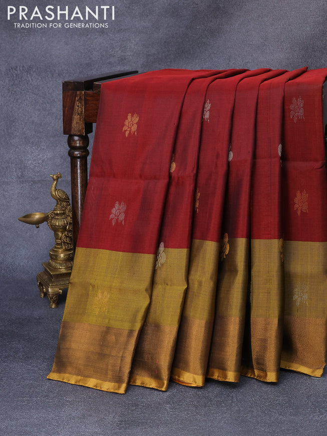 Pure uppada silk saree dark maroon and yellow shade with silver & gold zari woven buttas and zari woven border