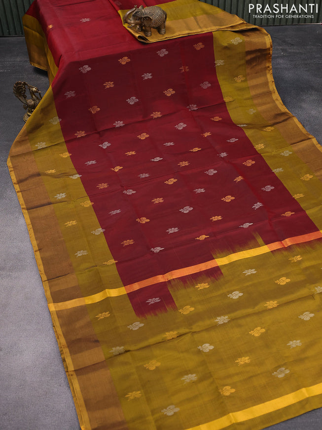 Pure uppada silk saree dark maroon and yellow shade with silver & gold zari woven buttas and zari woven border