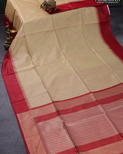 Semi tussar saree sandal and maroon with allover checked pattern & zari weaves and temple woven simple border