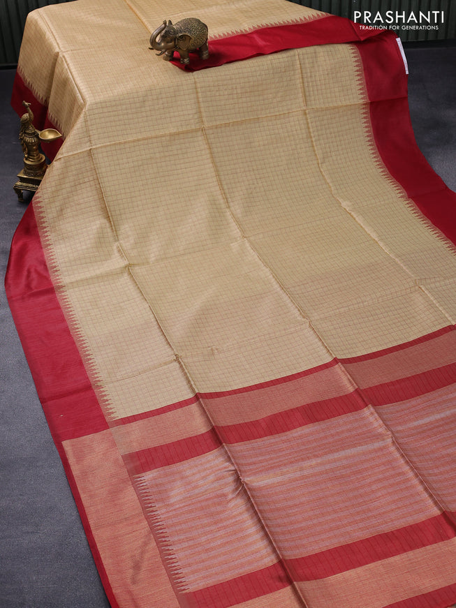 Semi tussar saree sandal and maroon with allover checked pattern & zari weaves and temple woven simple border