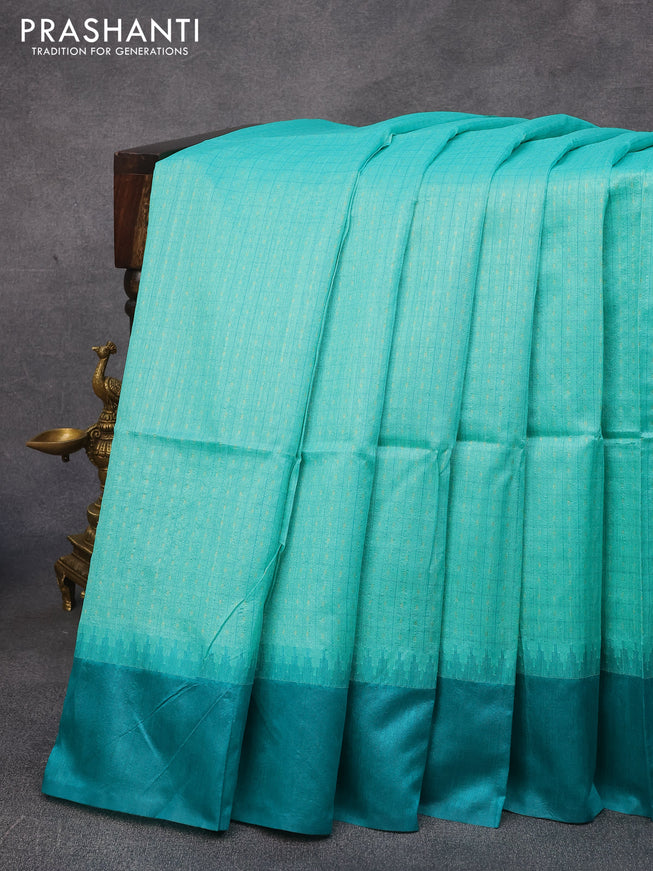 Semi tussar saree teal green shade and teal blue with allover checked pattern & zari weaves and temple woven simple border