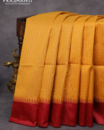 Semi tussar saree mustard yellow and maroon with allover checked pattern & zari weaves and temple woven simple border