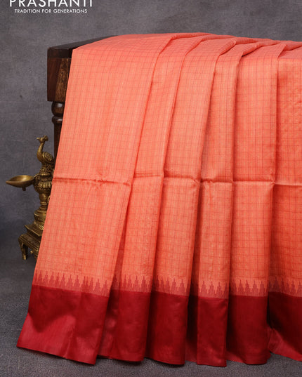 Semi tussar saree peach orange and maroon with allover checked pattern & zari weaves and temple woven simple border