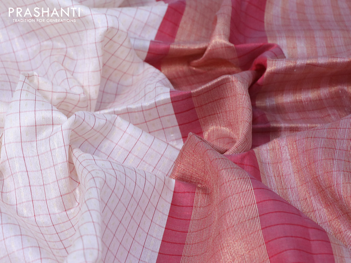 Semi tussar saree off white and maroon with allover checked pattern & zari weaves and temple woven simple border