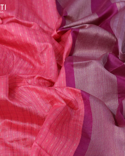 Semi tussar saree peach pink and purple with allover checked pattern & zari weaves and temple woven simple border